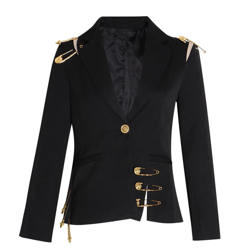 Women's Clothing Large safety pin decorated suit fashionable mesh stitching long sleeve slim fit jacket