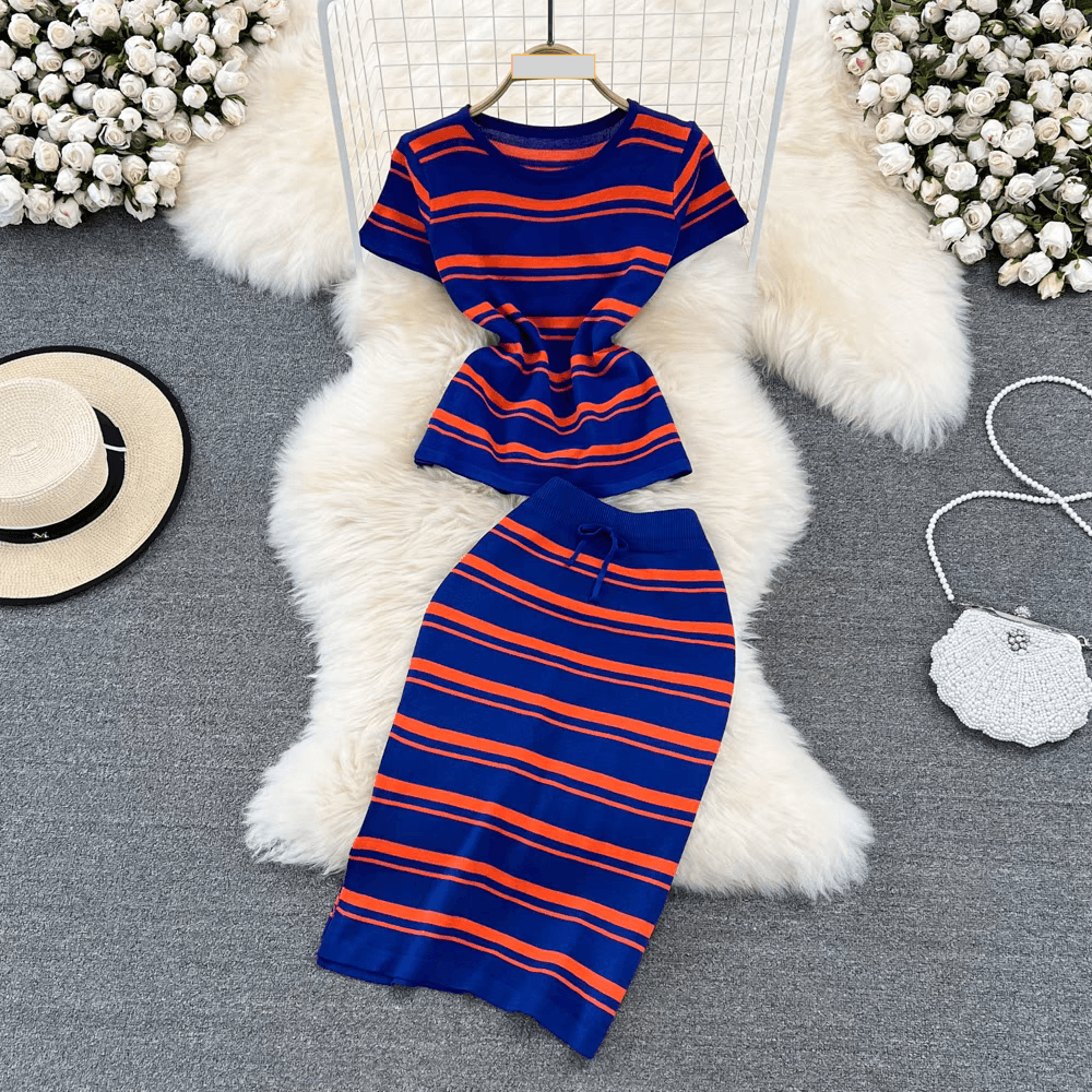 Women's Clothing Knitted striped suit skirt fashion casual round neck slim fit top women's two piece suit high waist hip skirt summer