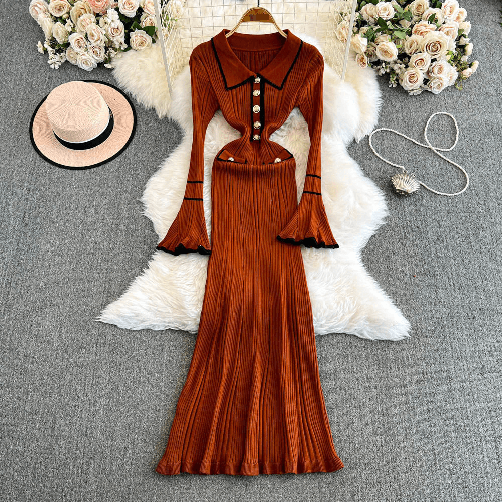 Women's Clothing Socialite Hottie Style Autumn And Winter New Temperament Niche Long Lapel Knitted Dress Female