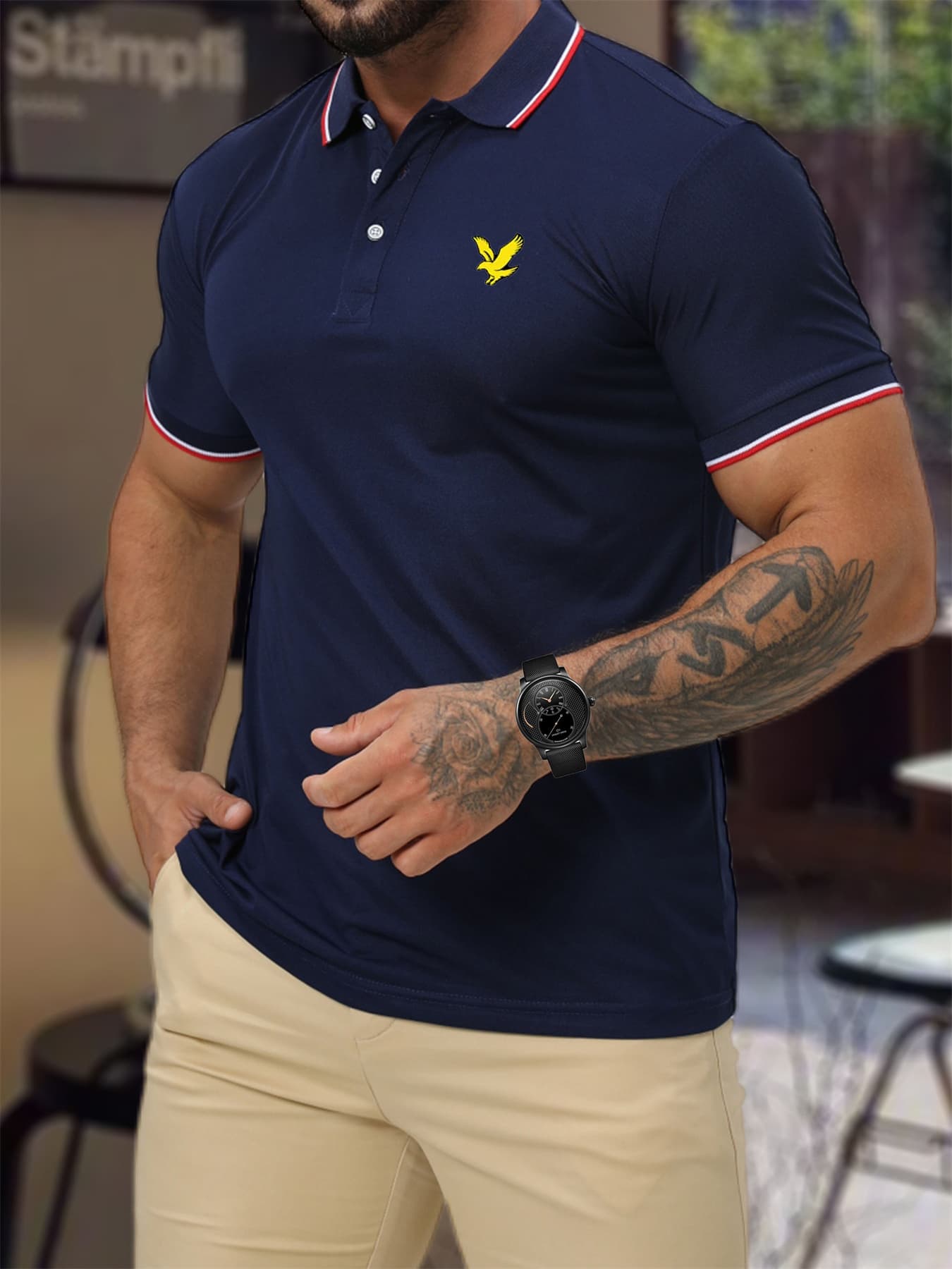 Men's Summer Leisure Vacation Eagle Pattern Print Slim Fit Stand Up Collar Short Sleeved Polo Shirt Breathable And Comfortable Top