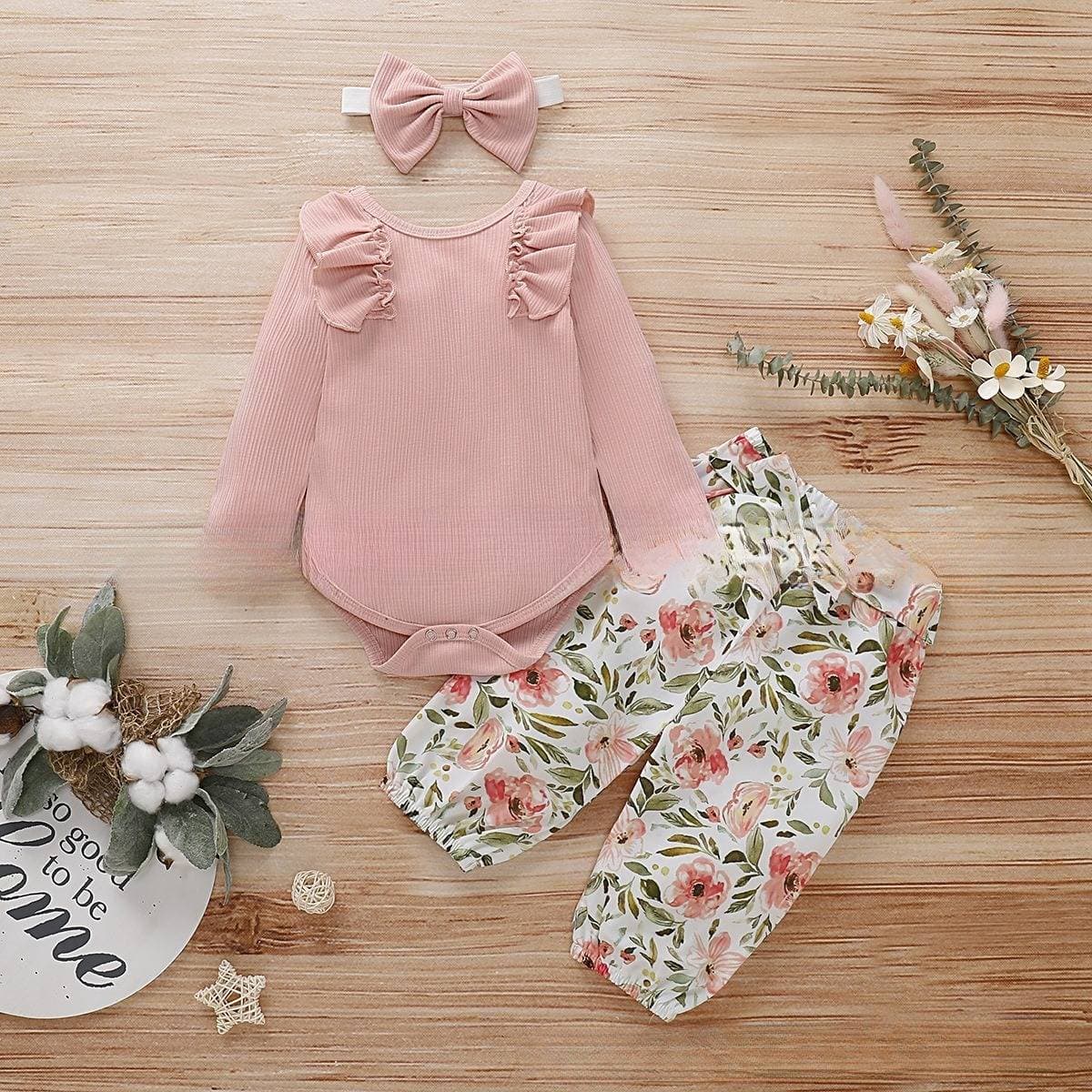 Kids' Clothing Round Neck Ruffle Tights And Bow Floral Pants