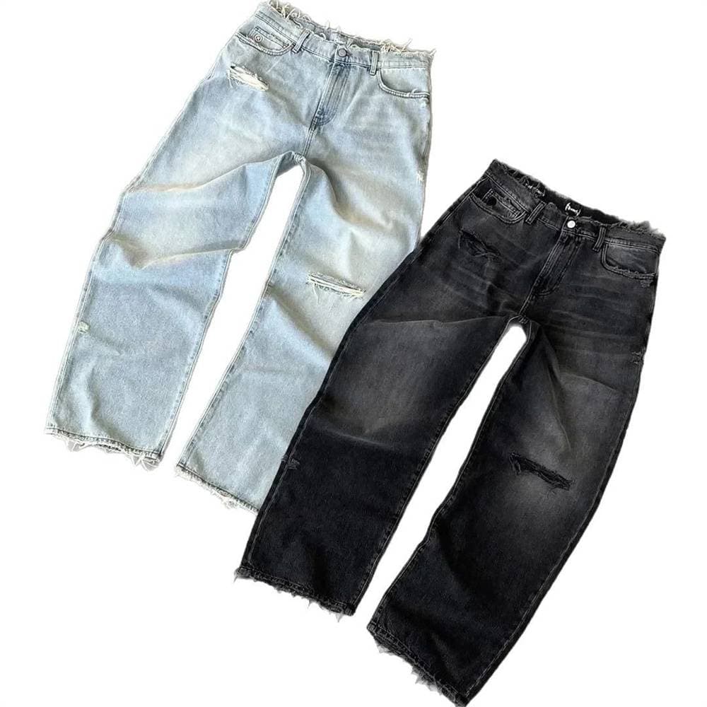 High Quality 2025 European-USA Fashion Jeans Men's Cotton Mid Waist Broken Hole Design Inspired Fringed Straight Type Denim Pants