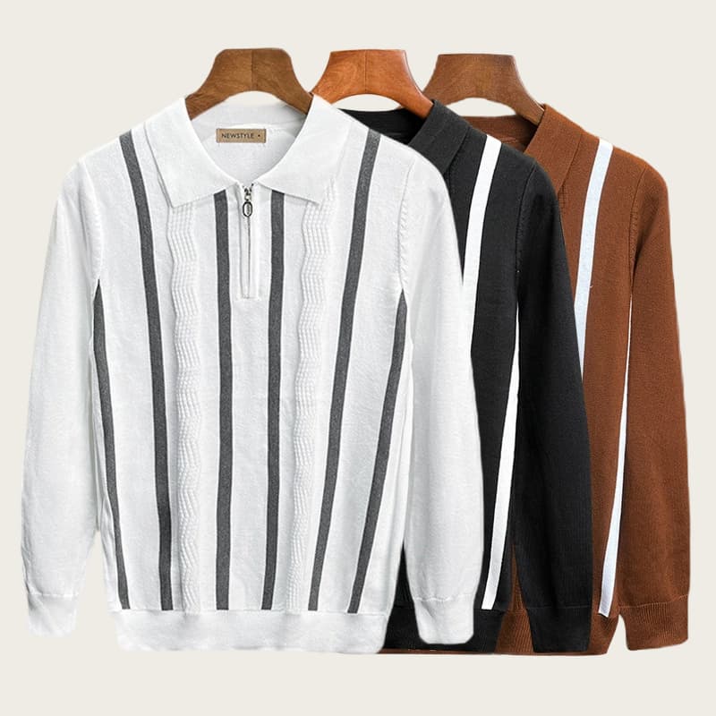 ​Men's Plus Size Business Casual Polo Knit Sweater - Fit Striped Jacquard Pullover With Breathable Stretch Fabric​
