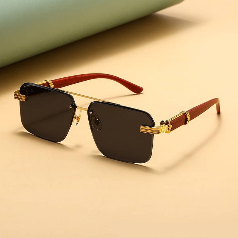 Wood Grain Temple Sunglasses For Men European American Style Double Bridge Fashionable Frameless Women's High-End Feel