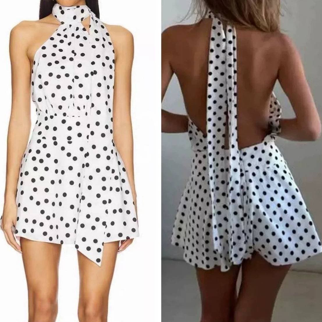 Women's Summer Pure Desire Sleeveless Knot Neck Backless High Waist A-Line Slimming Polka Dot Print Versatile Dress