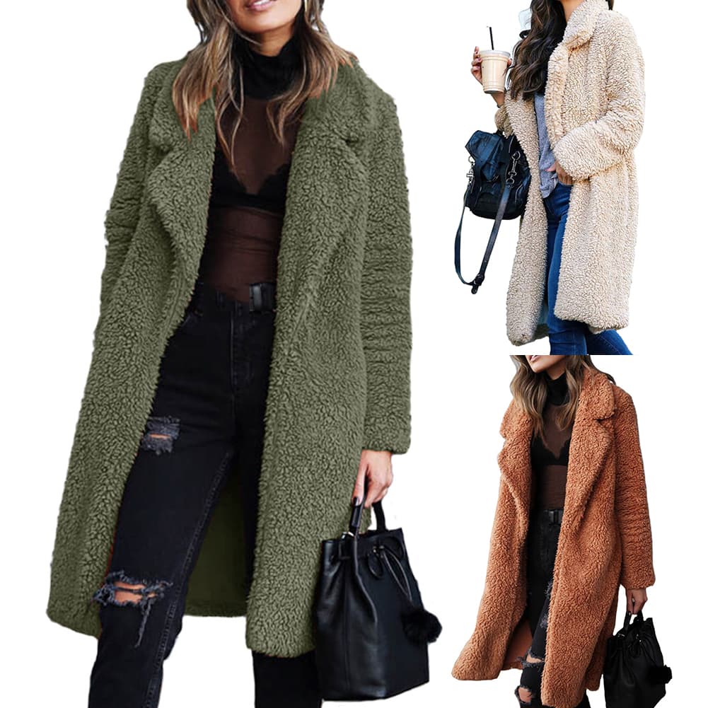 Winter Thicken Plush Warm Cardigan Women Lapel Solid Color Long Sleeve Midi Coat abrigos mujer casacos de inver