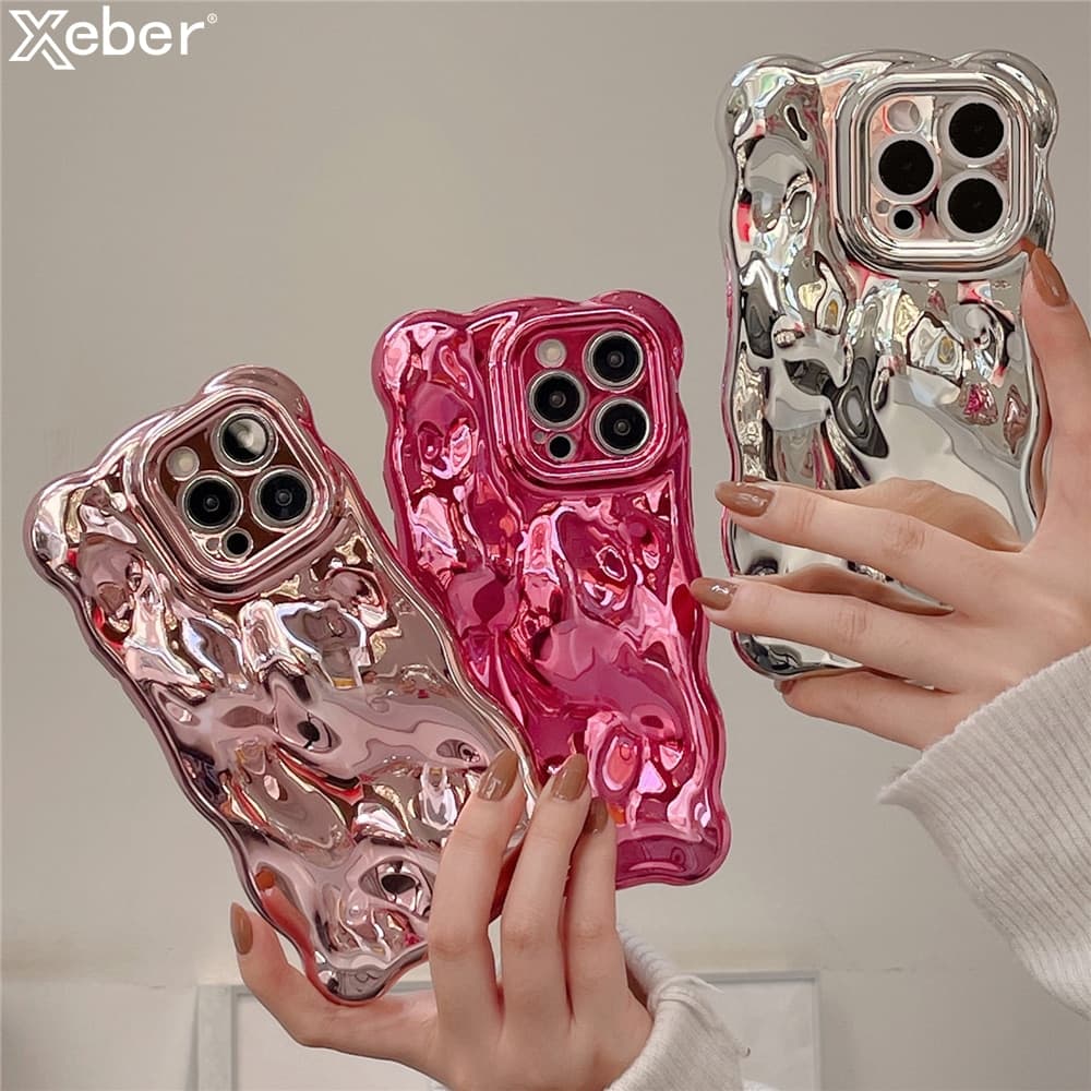 Plating Wrinkle Wavy Curly Edge Phone Case For iPhone 15 11 12 13 14 Pro Max 3D Unevenness Soft Camera Protection Cover