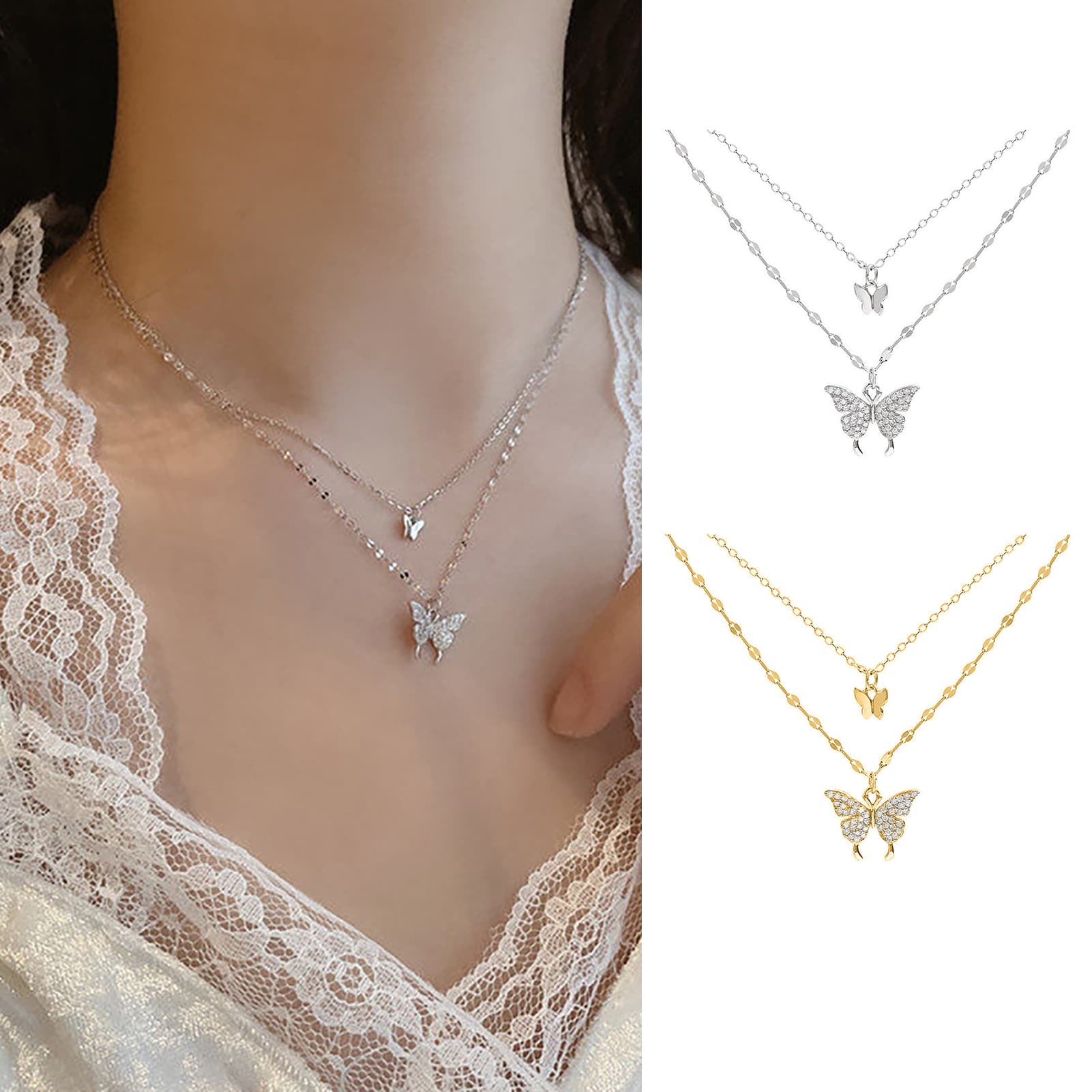 Qianbihe Butterfly Necklace Double Layer Rust-proof Alloy Butterfly pendant Personality Fashion Clavicle Chain for Women-Silver