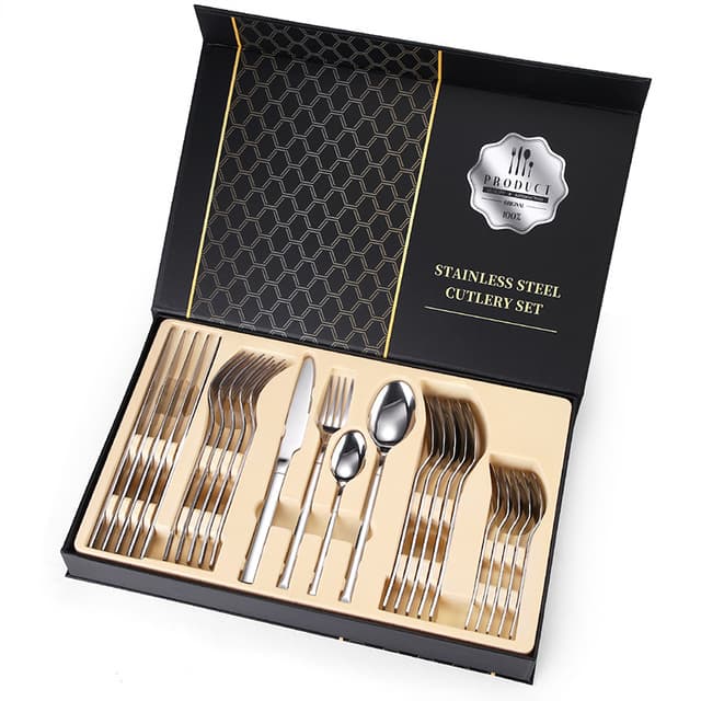 Gold Cutlery Set With Box Kitchen Fork Spoon Knife Set Tableware Teaspoons Spoon Fork Stainless Steel Cutlery Gold Dinnerware