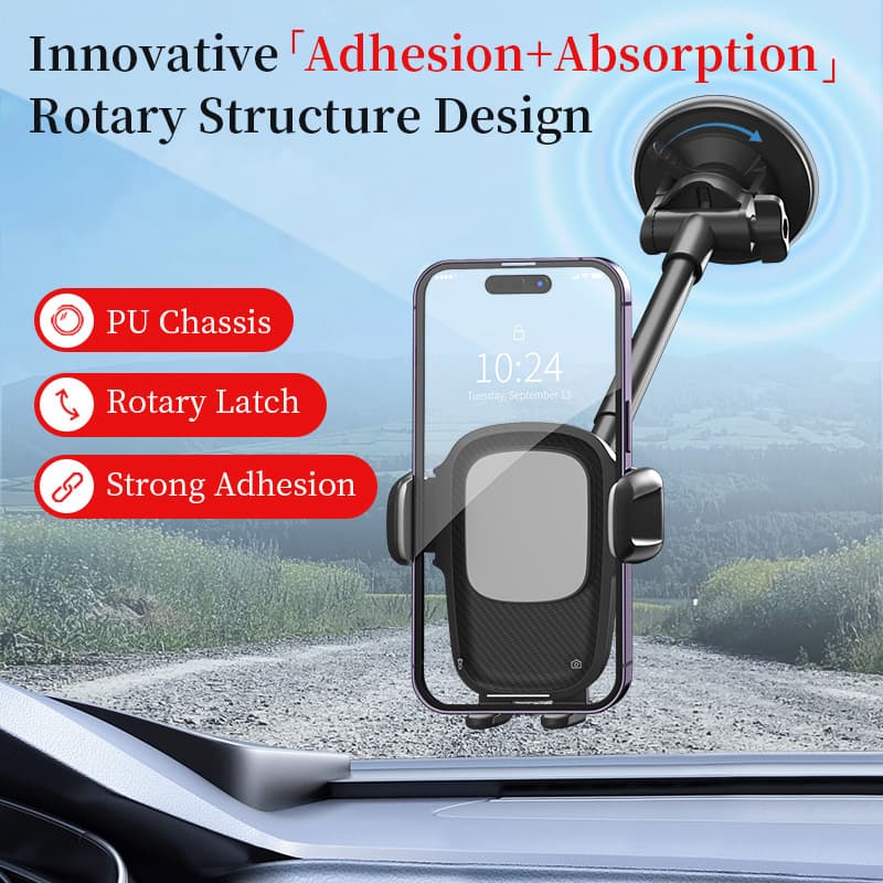 New car phone holder with suction cup attached to glass instrument panel and retractable clip for rotating AR navigation