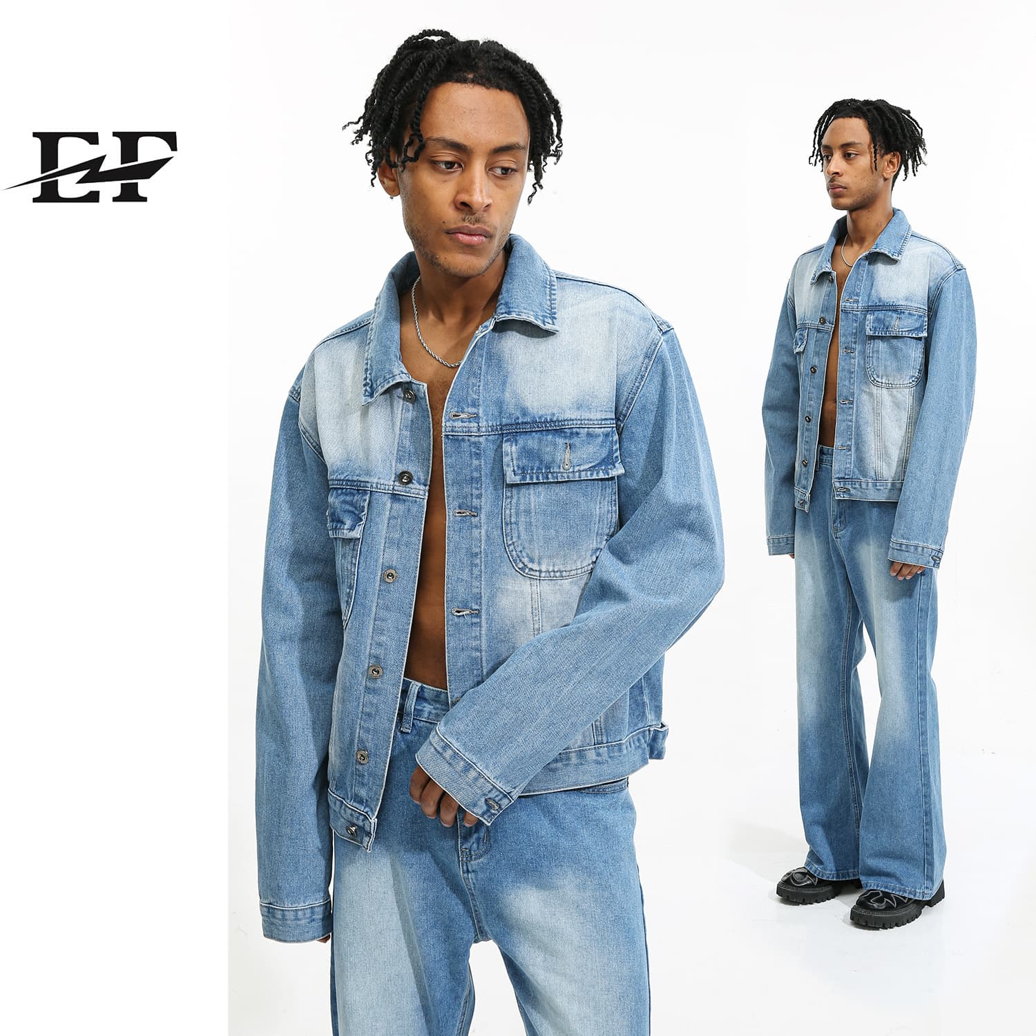 Men's Clothing EF JEANS | New Style Casual Loose Mid High Waist Flared Denim Jacket Jacket Set Blue
