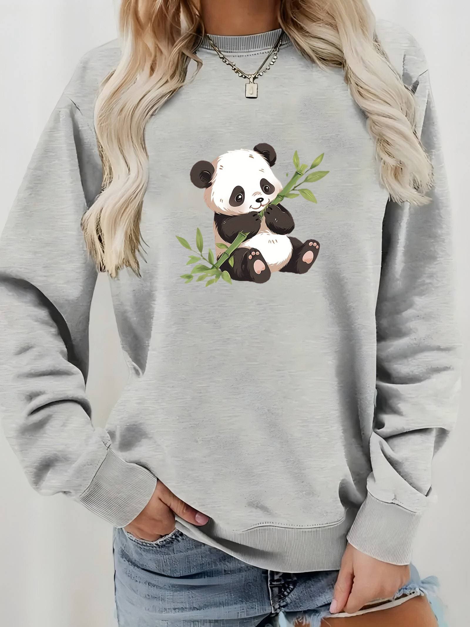Cute Animal Print Cotton Sweatshirt For Girls - Soft Round Neck Pullover With Cartoon Panda Graphic, Oversized Streetwear Spring Fashion Top