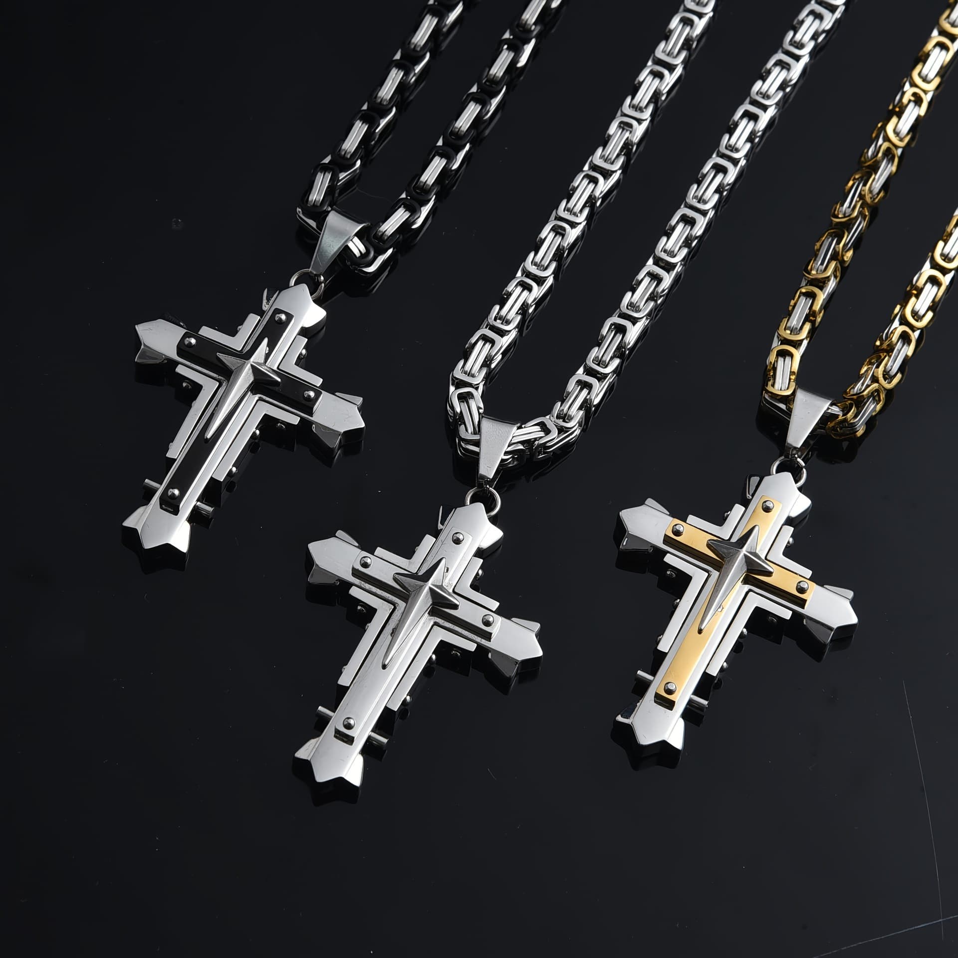 Trendy Hip-Hop Stainless Steel Pendant Personalized Men's Three-Layer Cross Necklace