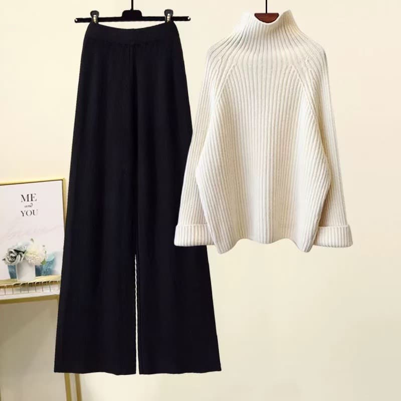Ensemble coréen oversize en maille – Pull à grosses torsades et pantalon fluide à jambes larges, tenue d'hiver décontractée à col montant (Be