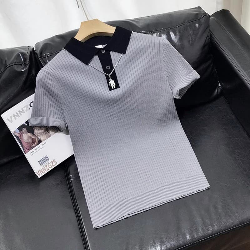 Men's Clothing Striped contrast knitted short sleeved polo shirt men's new summer wear high end business casual breathable lapel T shirt