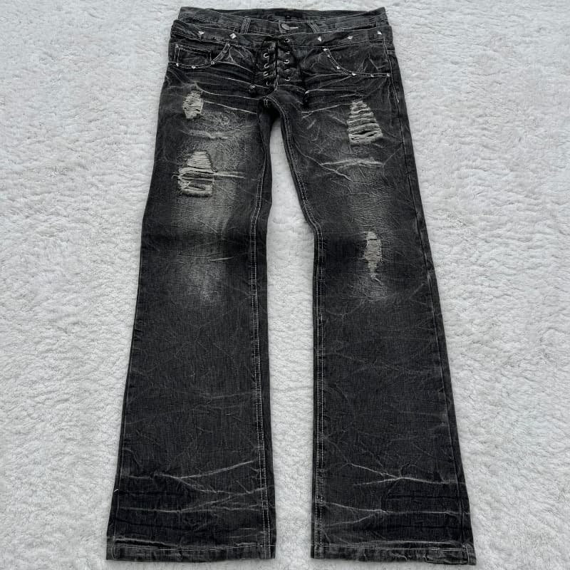 Y2K Gothic Grunge Vintage Washed Denim Jeans With Lace-Up Detail & Flared Hem For Streetwear Fashion