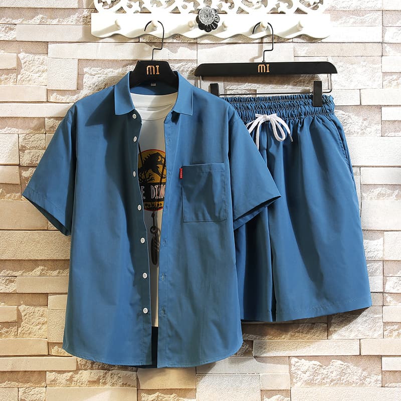 Men's Clothing Fashion Short Sleeved Shirt Suit Casual Solid Color Shirt Shorts Sports Two Piece Suit