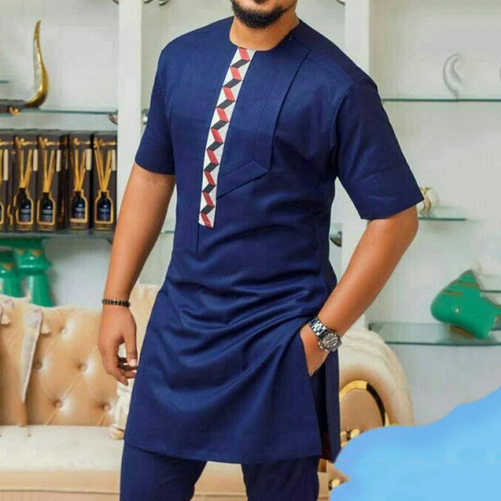 Men's moslem summer youth solid color cotton ethnic style slim fit blue lapel collar ready stock plain men's suit