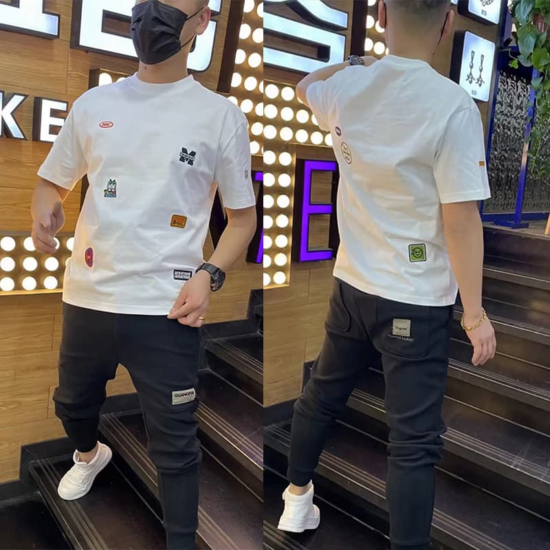 Summer New Short Sleeved For Men's Printed Slim Fit Half Sleeve Versatile Elastic Round Neck Casual Fashion Brand