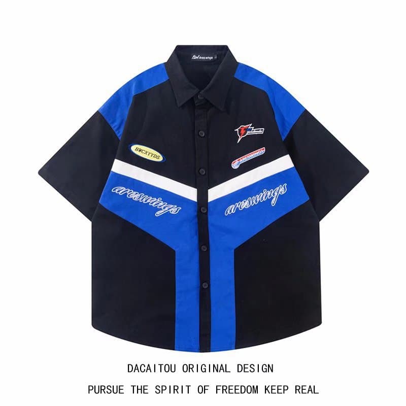 Men's Clothing retro embroidered motorcycle short-sleeved shirt for men, trendy summer street-blasting handsome niche racing workwear shirt