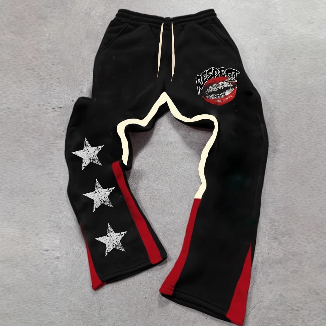 New Cross Border Trend Brand European And American Fashion Five Pointed Star Red Lips Casual Fashion Slightly Elastic Fabric Flared Pants All Match