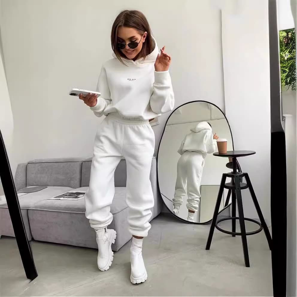 ​​Women's Fleece Hooded Sweatshirt & Casual Trousers Set – Cozy Knit Two-Piece Outfit (White/Black/Khaki, S-XL)​​