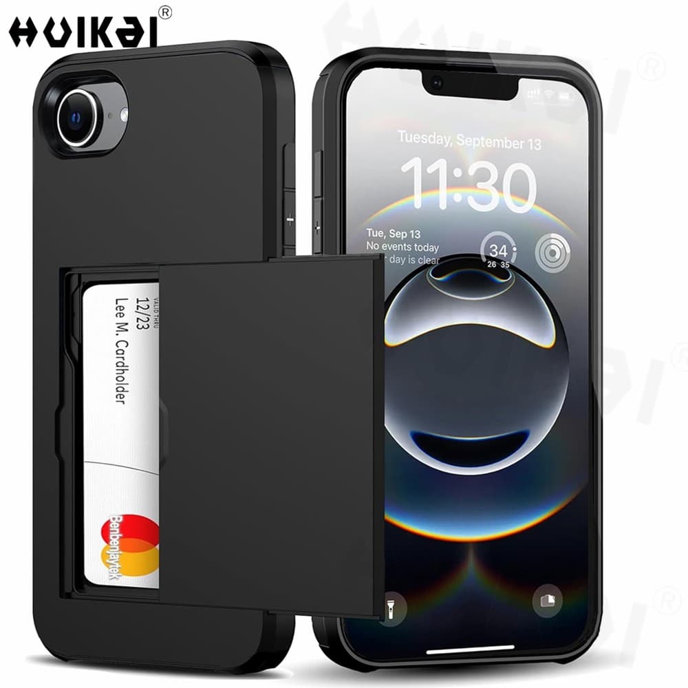 Case For Iphone 16E 16 15 Max 14 Pro 13 12 11 Wallet Card Holder Slide Slot Slim Hard PC Heavy Duty Protective Cover