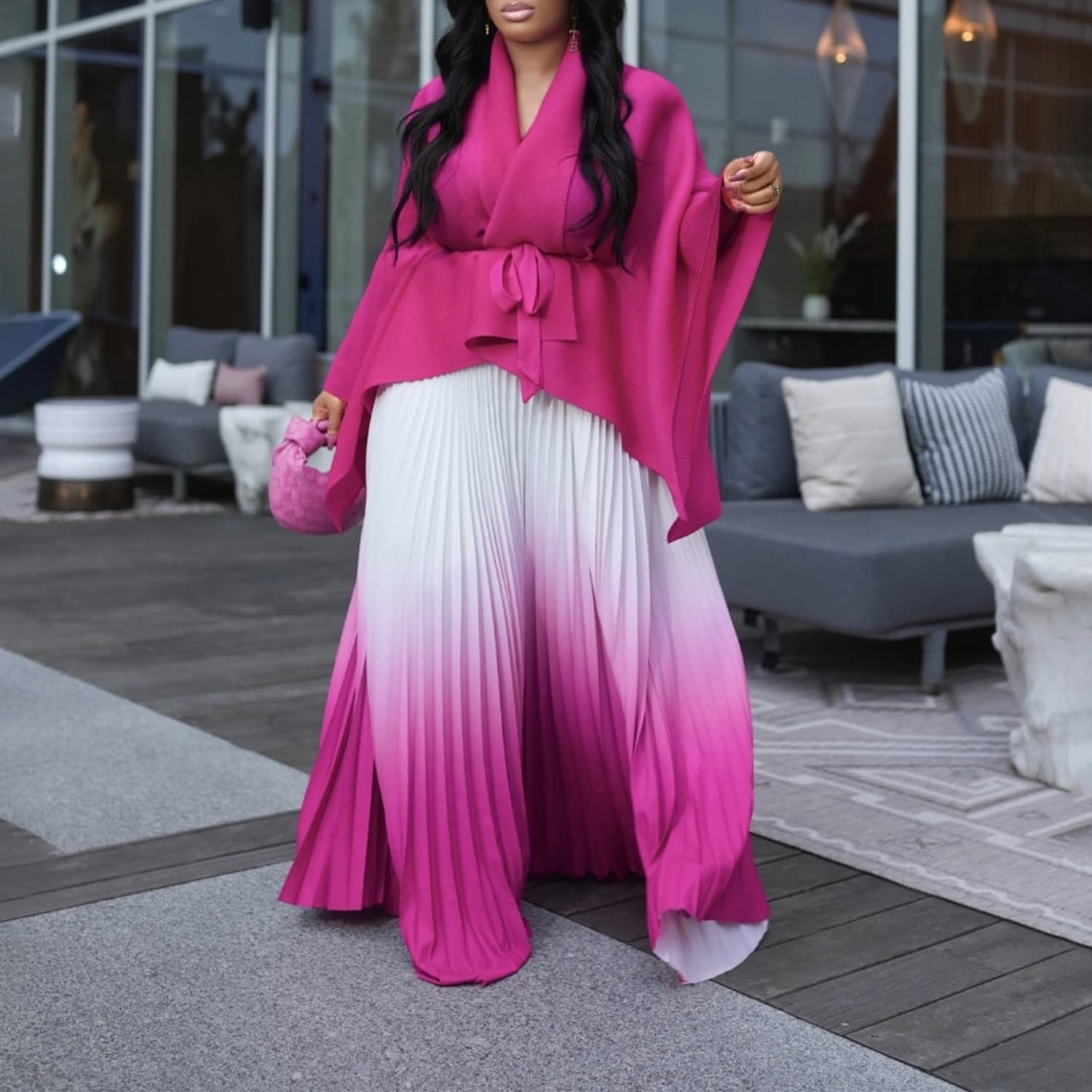 Women's Clothing pleated irregular lace up top gradient skirt suit two piece suit