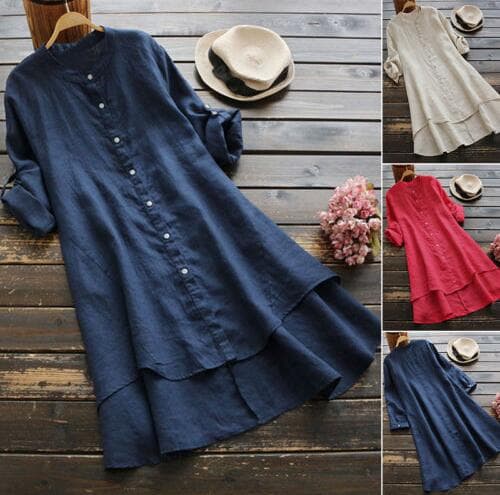 Women's Clothing Spring And Summer Solid Color Button Cotton And Linen Long Sleeve Long Shirt