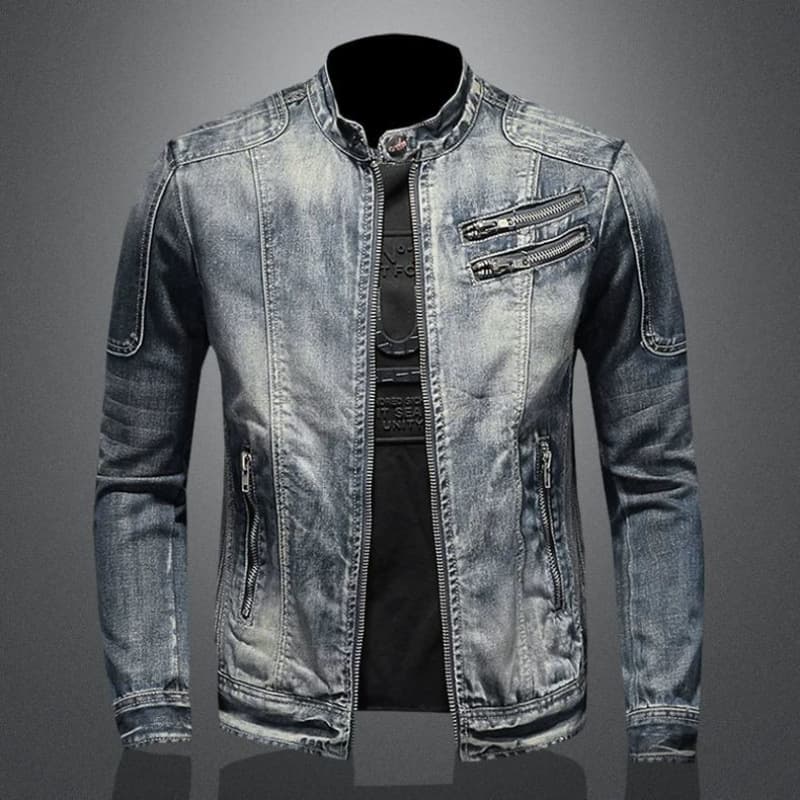 Men's New Denim Casual Stand Up Collar Zipper Jacket, Riding Motorcycle