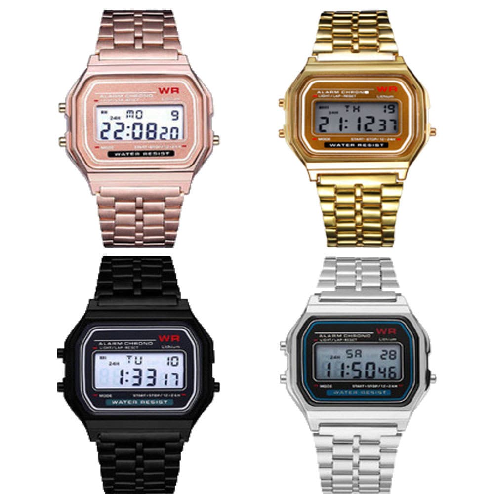 Montre LED F91W avec bracelet en acier – Montre numérique multifonction Harajuku ultra-fine, couleur or/argent, lumière froide