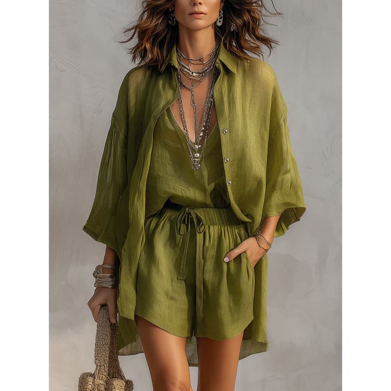 Women's Summer 3-Piece Set Lapel Button Front Cardigan Deep V Vest Shorts Casual Outfit