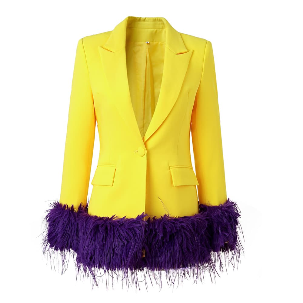 Women's bright yellow suit jacket feather decoration fashion stitching party top