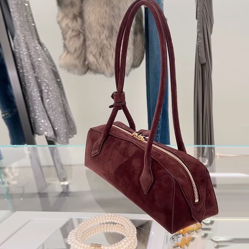 High-End Suede Genuine Leather Bowling Handbag Underarm Niche Design Large Capacity Fashion Tote Shoulder Bag