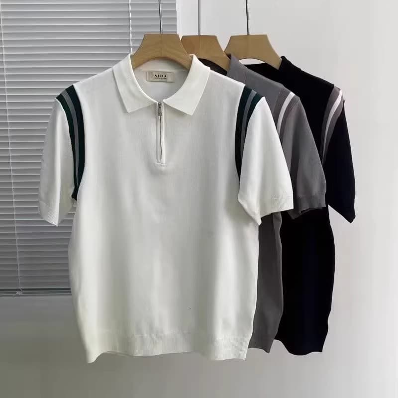Men's Clothing Half zip Polo Shirt Knitted Short sleeved T shirt Men's Summer New Fashion Contrast Color Splicing Half sleeved Top