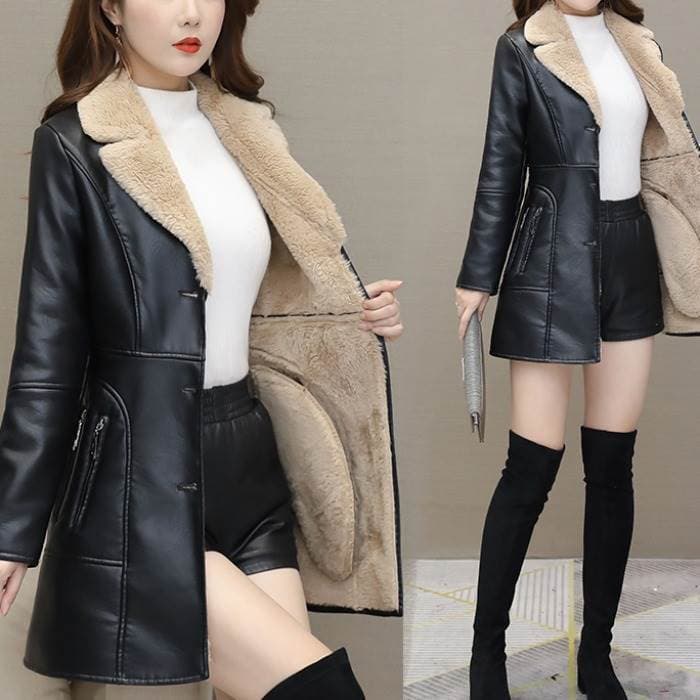 Women's fashion temperament slim slim waist pu coat