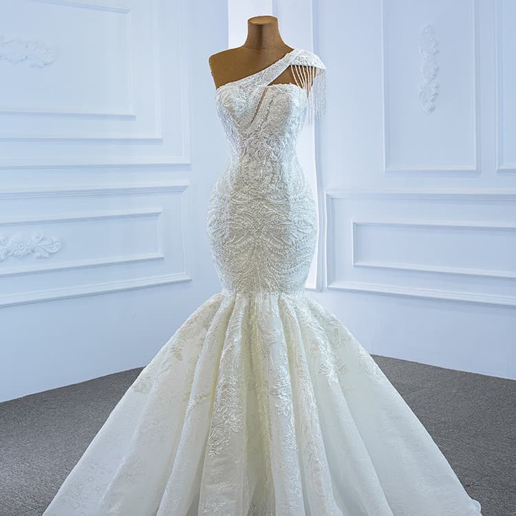 Women's Clothing Fishtail Wedding Dress Fishtail New Bride Wedding One Shoulder Outing Yarn Slim Temperament Ceremony Yarn