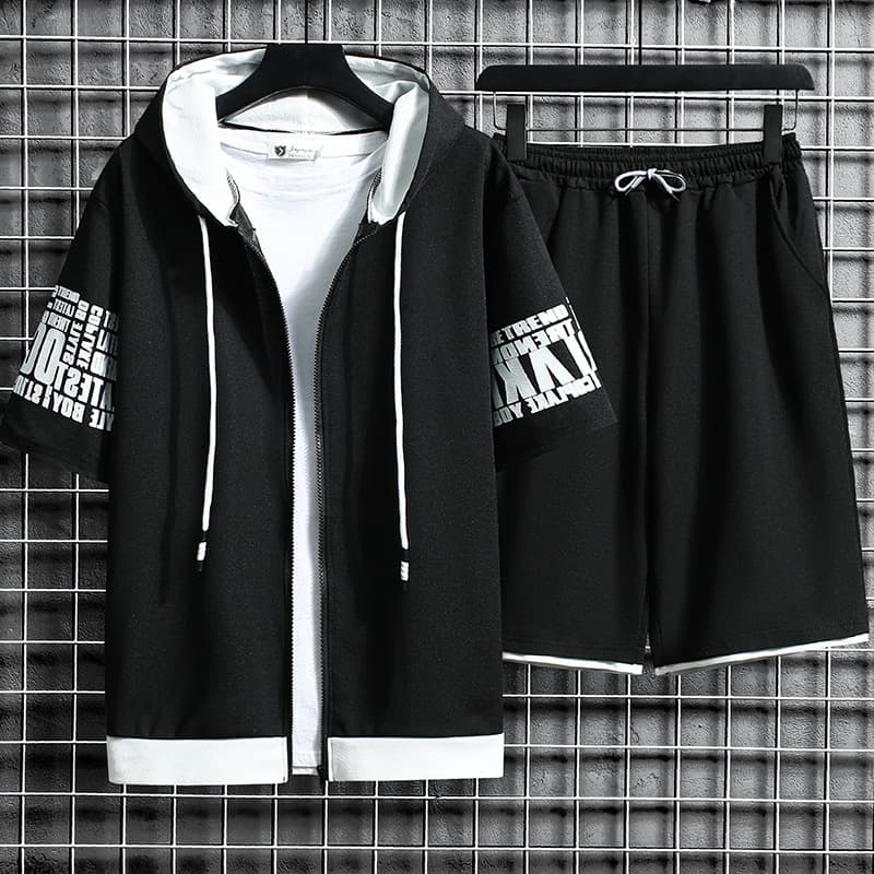 Men's Summer Hooded Zip-Up Tracksuit Set - Lightweight Casual Sportswear Two-Piece Outfit With Short Sleeve Top & Shorts