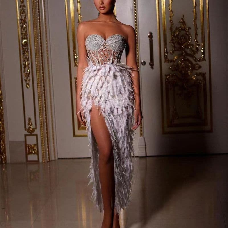 Women's Clothing Feather Rhinestone Beading Sexy Perspective High Slit Tube Top Dress Birthday Party Banquet Dress