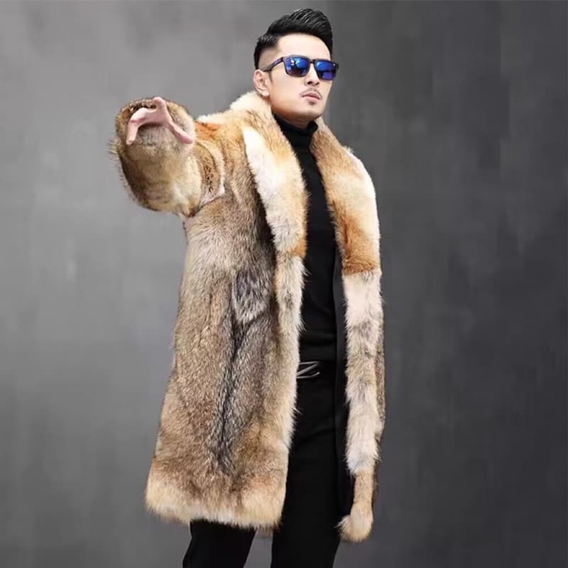 Men's Clothing Men's Long Faux Wolf Fur Coat – Fashionable Business Overcoat With Notched Lapel & Thickened Lining (Tri-Color Jacquard, S-XXXL)​