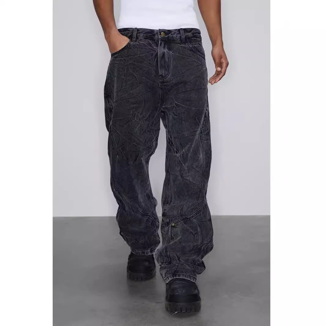Men's Clothing Cleanfit Retro Snowflake Washed Jeans For Men Heavy Duty Distressed Ripple Pleated Vibe Straight Pants
