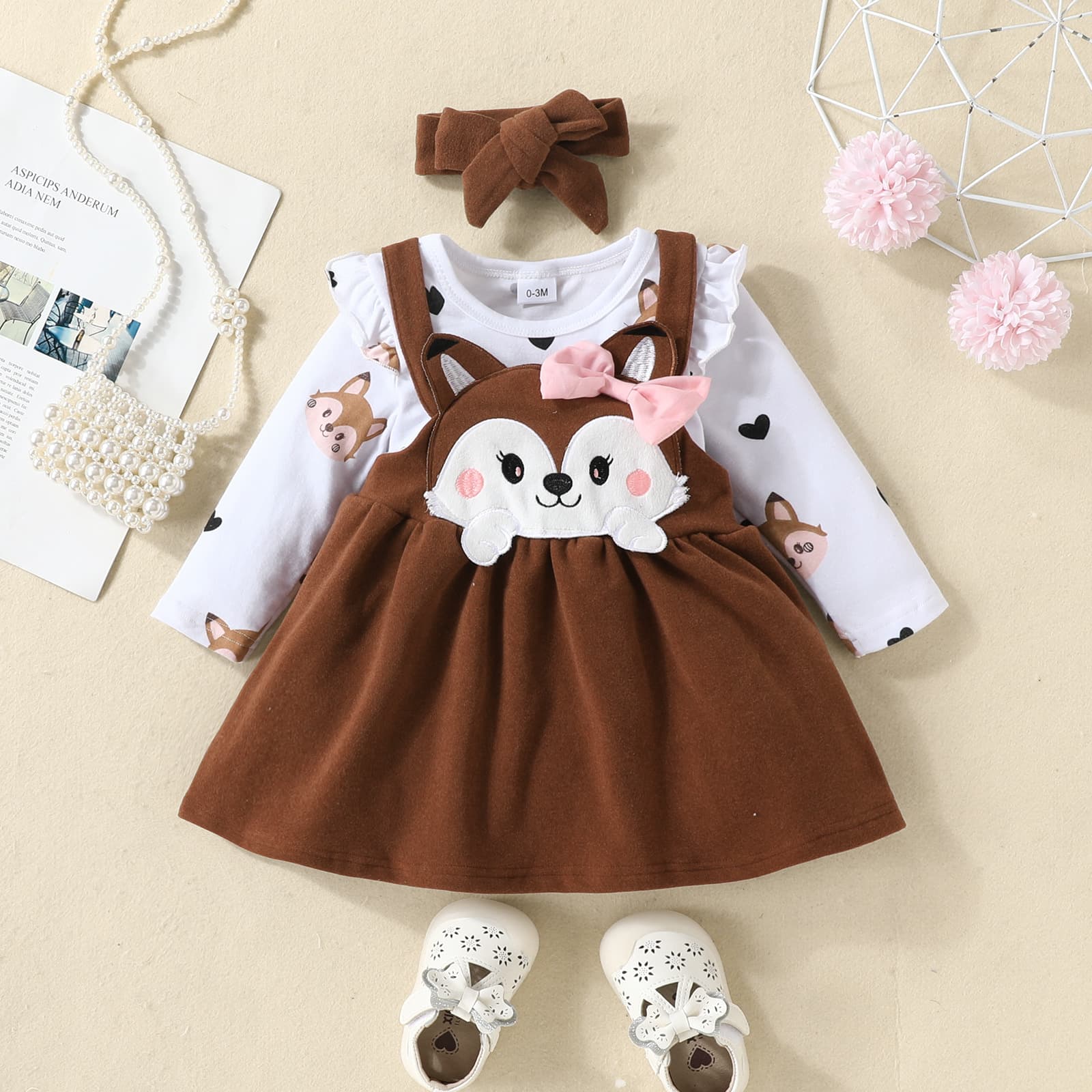 Infants' And Young Children's Autumn Winter Long-Sleeved Romper Dress Suit With Cartoon Fox Print And Bow Strap For Babies