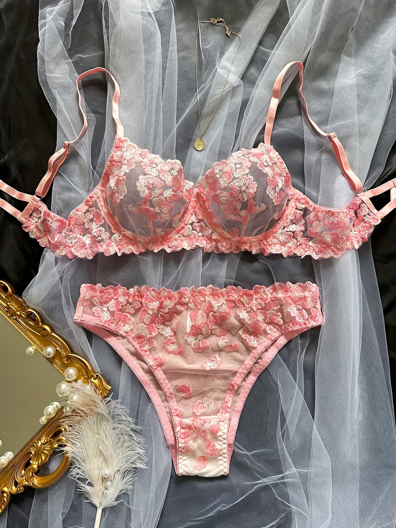 Women's clothing French flower embroidery perspective sexy girly multi-colored interesting underwear