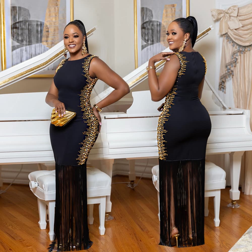 Women's Clothing CY901525 hot diamond round neck sleeveless tassel skirt long skirt party hip sexy women's clothing
