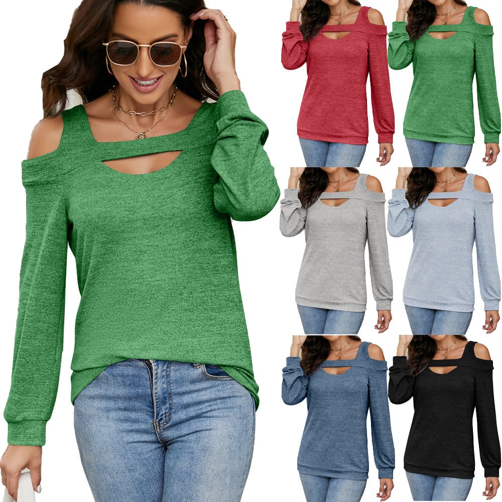 Women's Shoulder Hollow Round Neck Solid Long Sleeve Loose Top T-shirt
