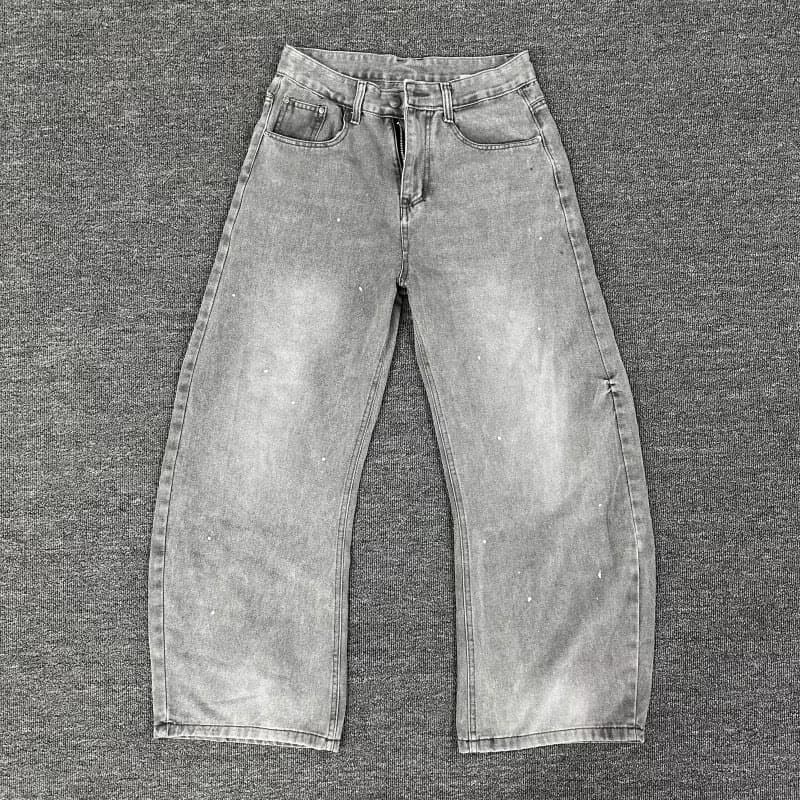 Men's Grey Distressed Denim Jeans Retro Loose Fit High Waist Straight Leg Casual Pants For Spring Autumn