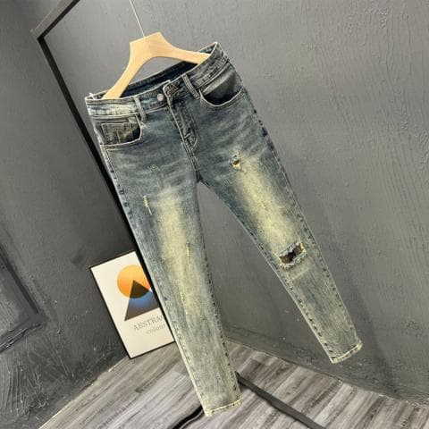 Jeans for men, spring and summer new products, cat whiskers, ripped holes, slim fit, small leg versatile, made of old