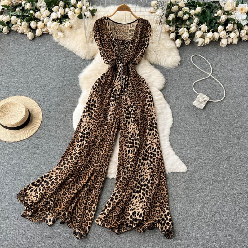 Women's temperament square collar sleeveless jumpsuit summer new style waist slimming loose wide leg pants
