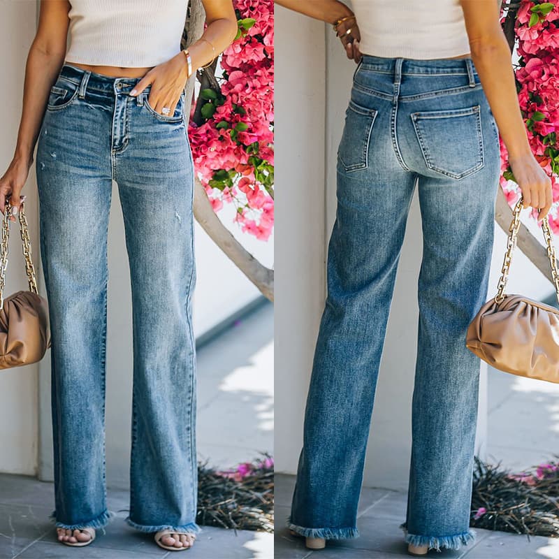 ripped washed jeans for women high waist wide leg raw edge denim trousers one piece drop shipping