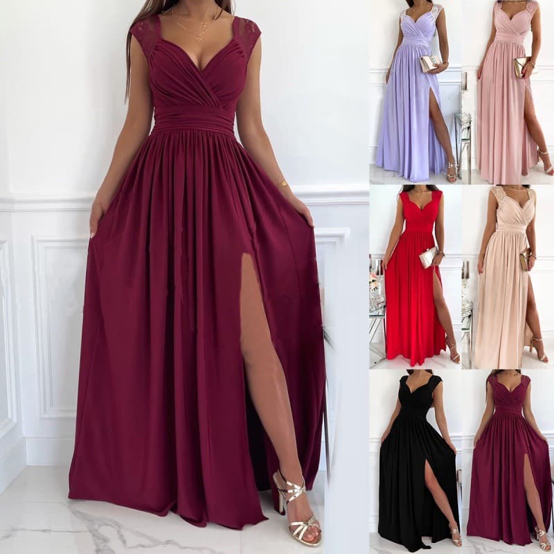 Women's Christmas Sleeveless Lace Halter Dress With A Slit